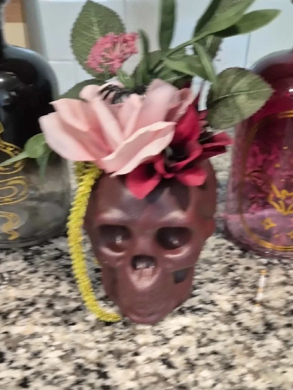 Burgundy Skull Planter with 2 Glass Jars Set Halloween